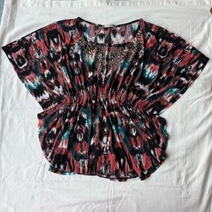 Maurices Multicolor Patterned Blouse with Beaded Neckline Boho Y2K
